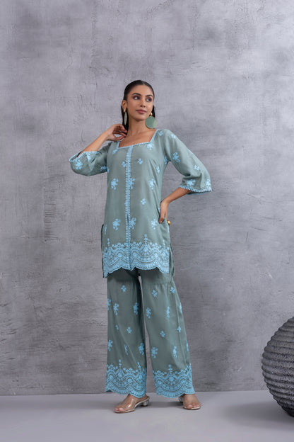 DUSTY BASIL GREEN BLUE EMBROIDERED SUIT SET