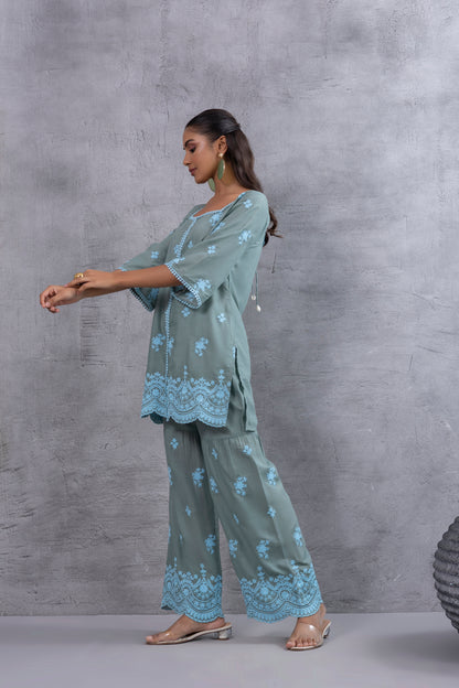 DUSTY BASIL GREEN BLUE EMBROIDERED SUIT SET