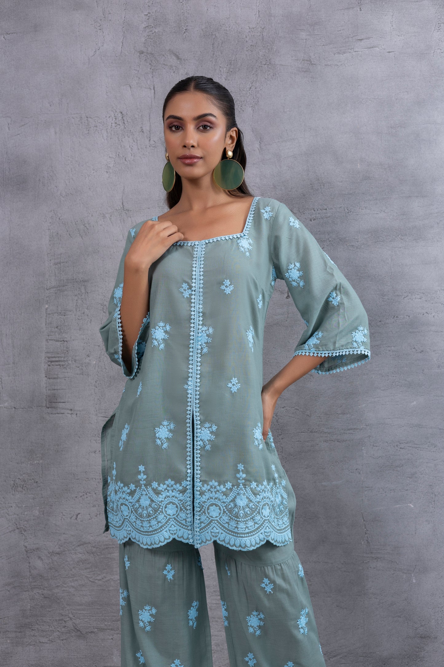 DUSTY BASIL GREEN BLUE EMBROIDERED SUIT SET