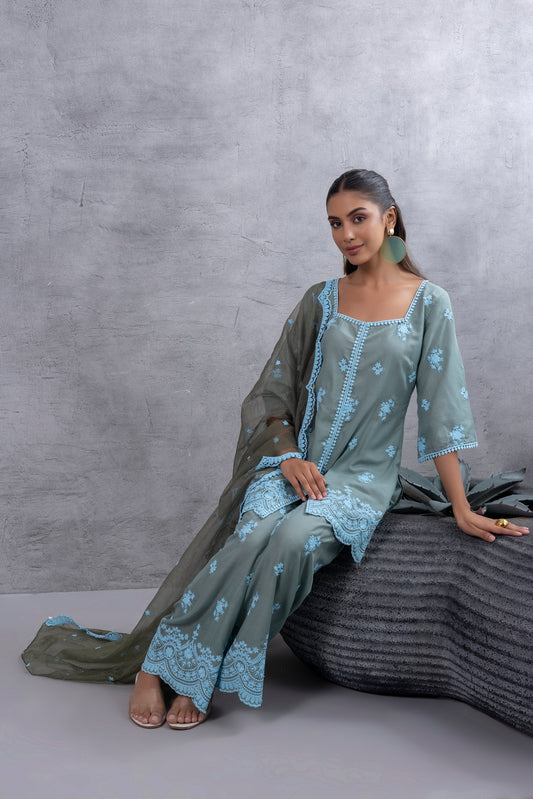 DUSTY BASIL GREEN BLUE EMBROIDERED SUIT SET