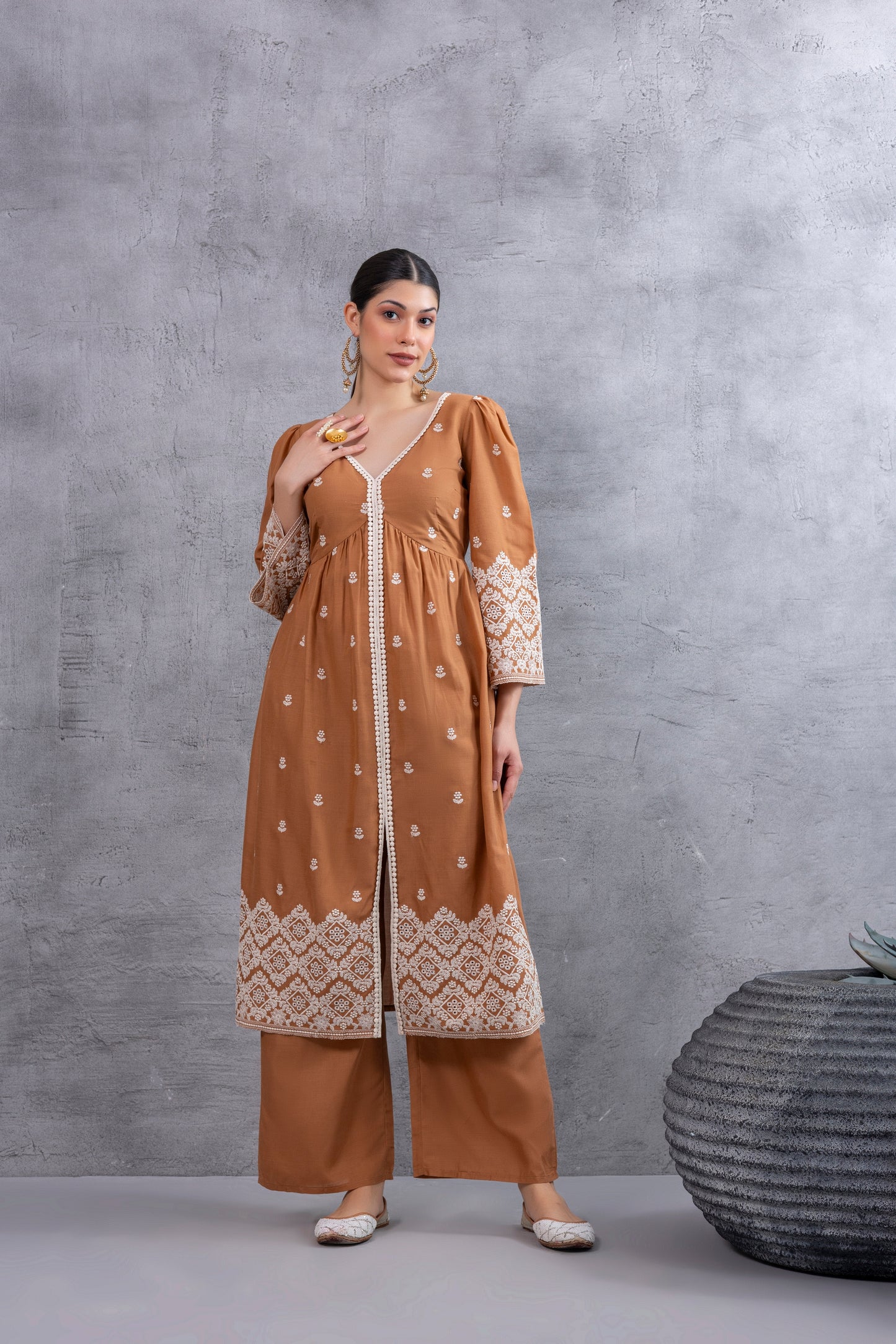 Brown Cream Floral Embroidered Kurta Set