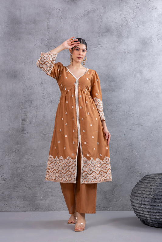 Brown Cream Floral Embroidered Kurta Set