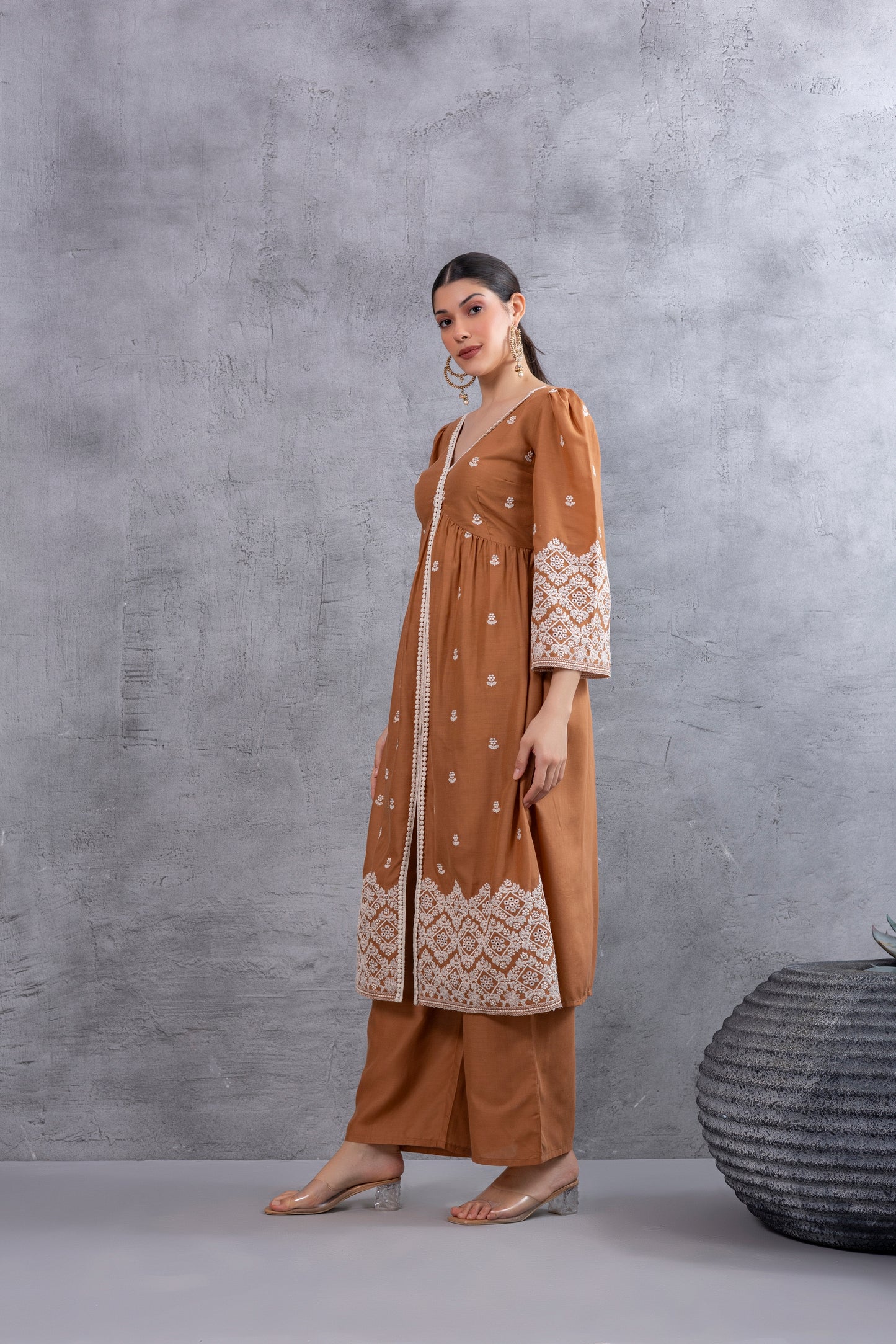 Brown Cream Floral Embroidered Kurta Set
