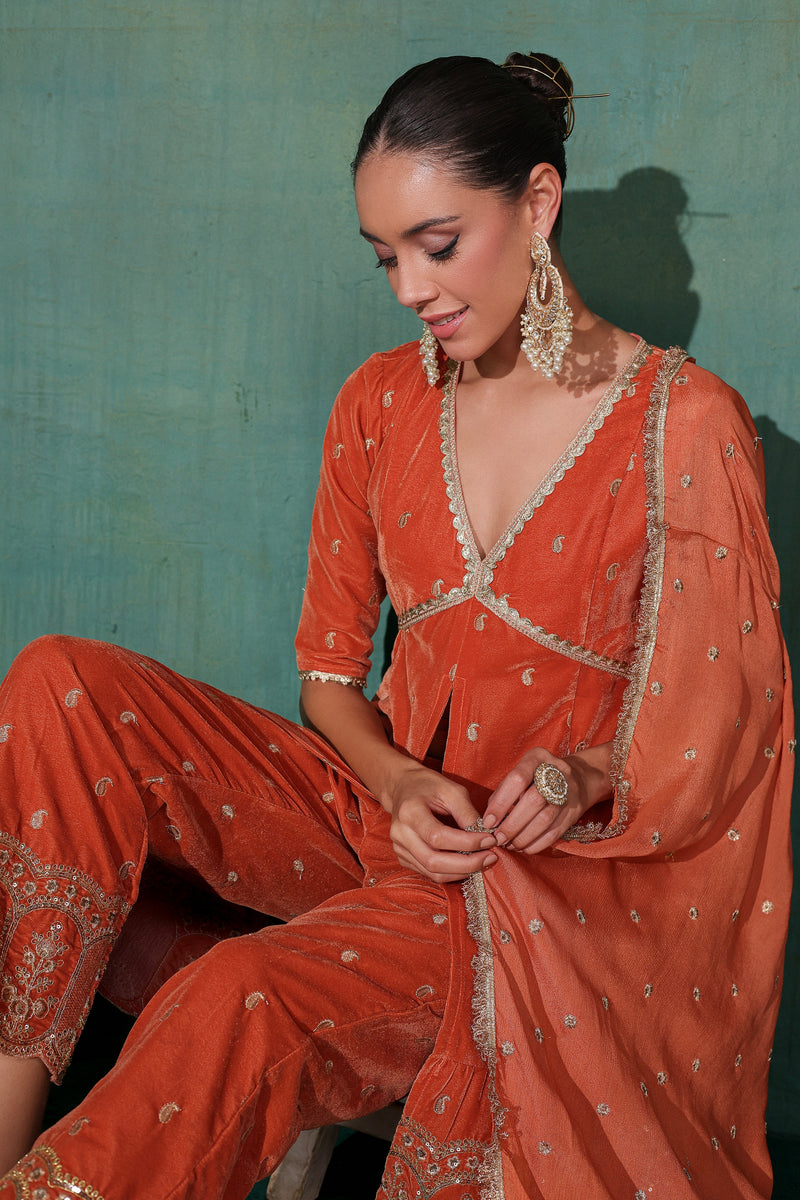 RUST GOLD EMBROIDERED VELVET SUIT SET