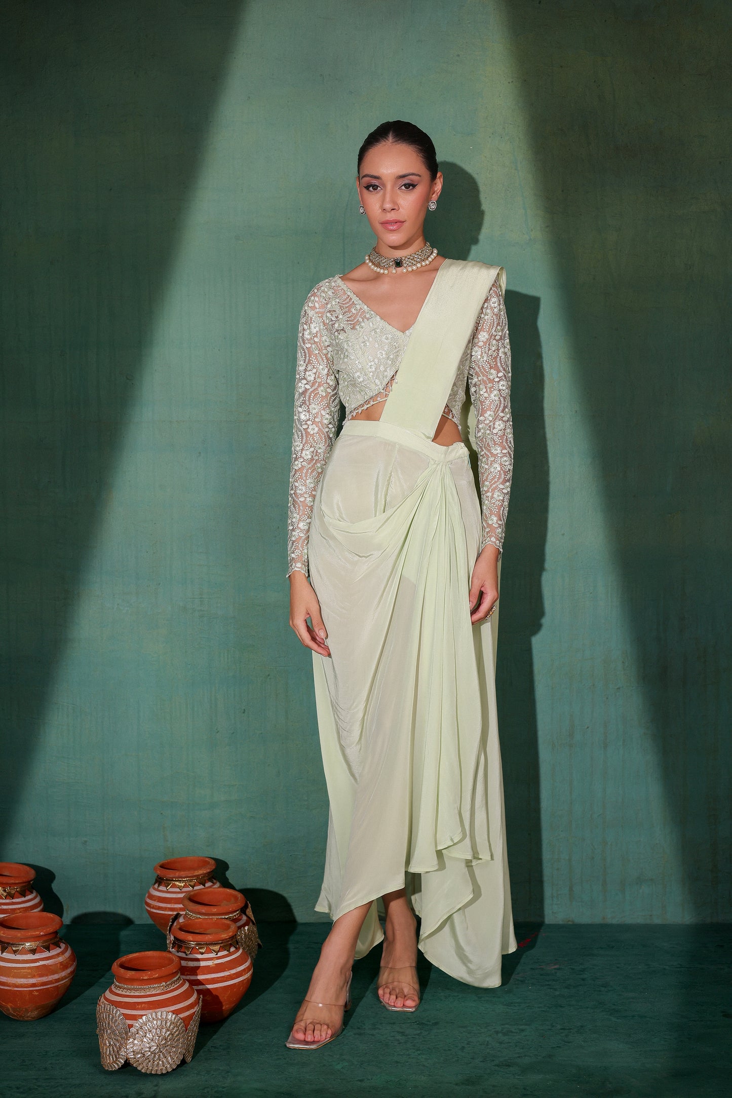 Pastel Green Pre Draped Saree