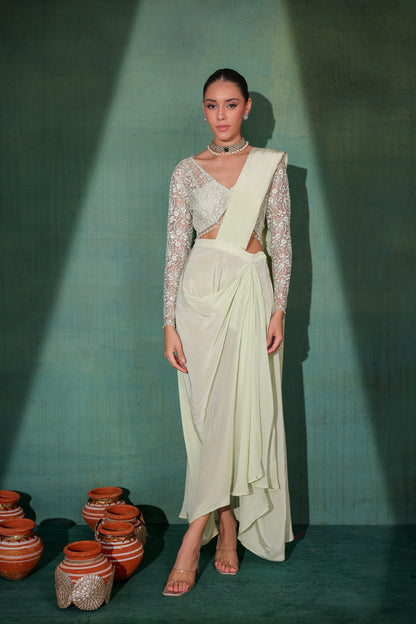 Pastel Green Pre Draped Saree