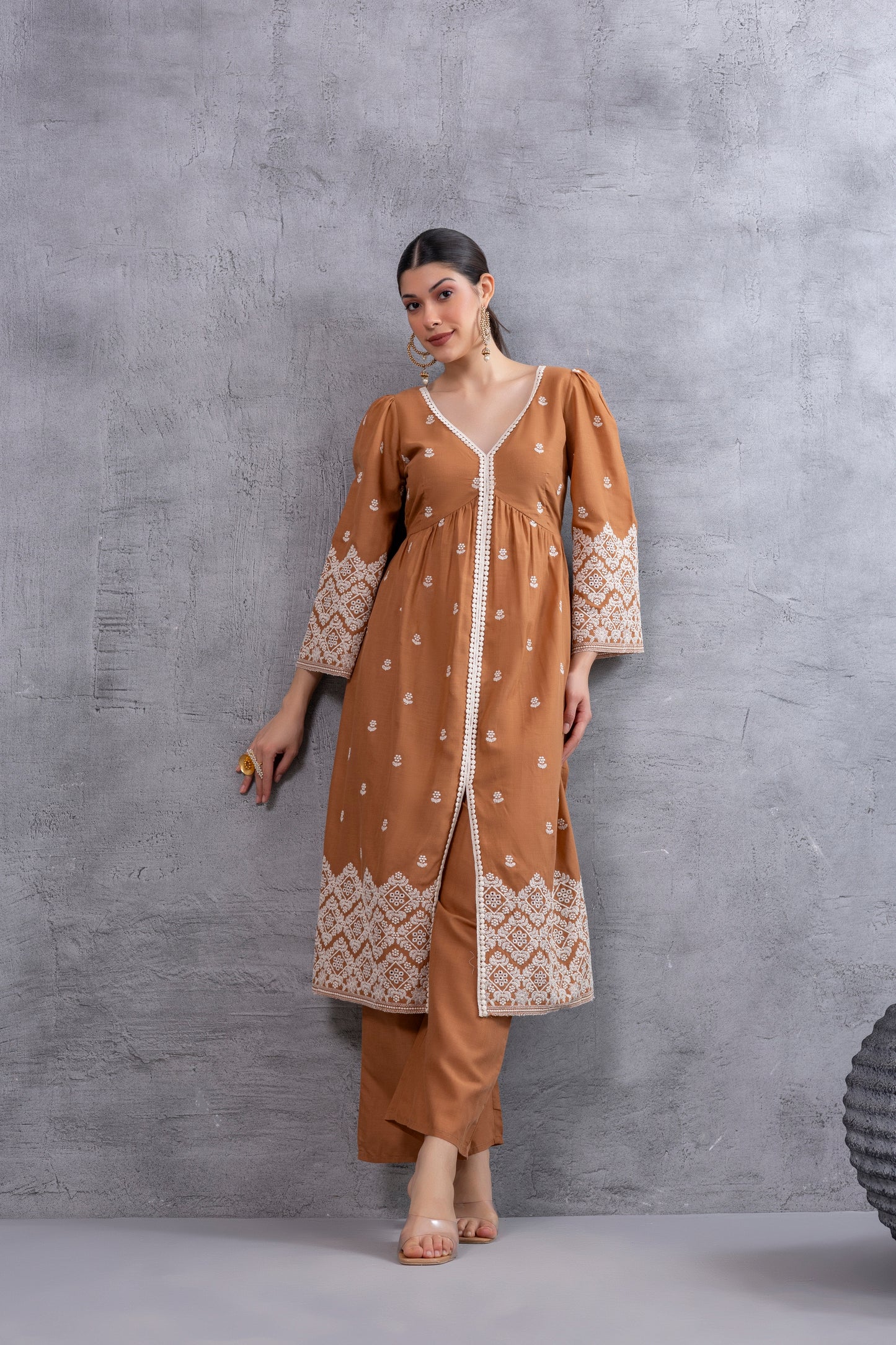 Brown Cream Floral Embroidered Kurta Set