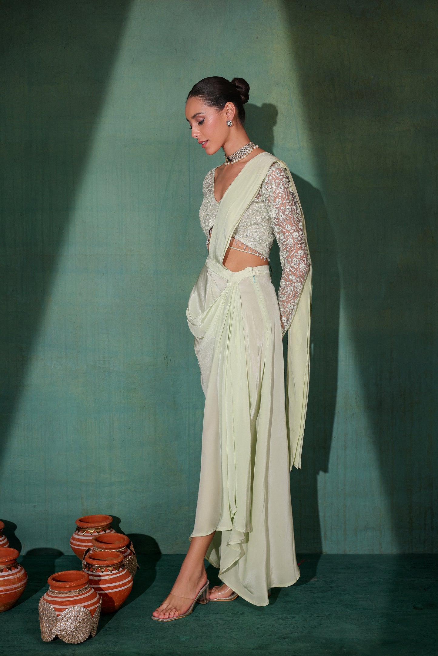 Pastel Green Pre Draped Saree