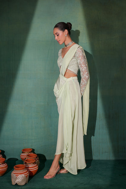 Pastel Green Pre Draped Saree