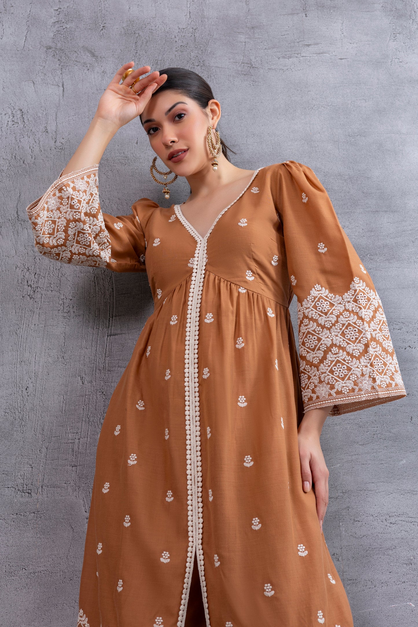 Brown Cream Floral Embroidered Kurta Set