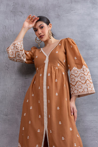 Brown Cream Floral Embroidered Kurta Set