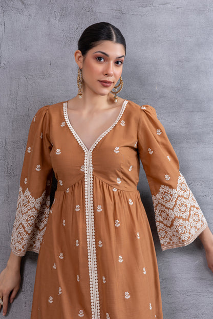 Brown Cream Floral Embroidered Kurta Set