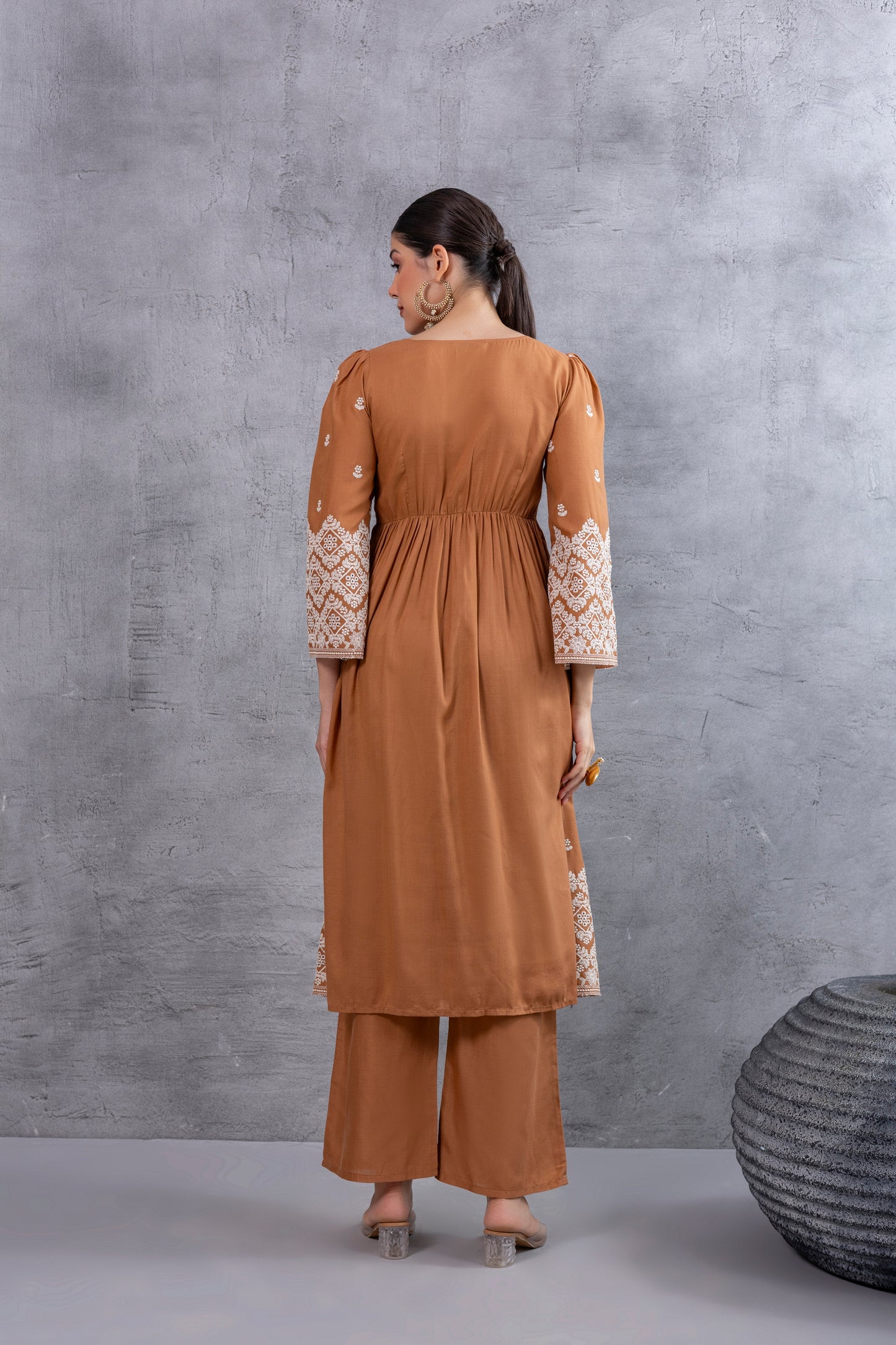 Brown Cream Floral Embroidered Kurta Set