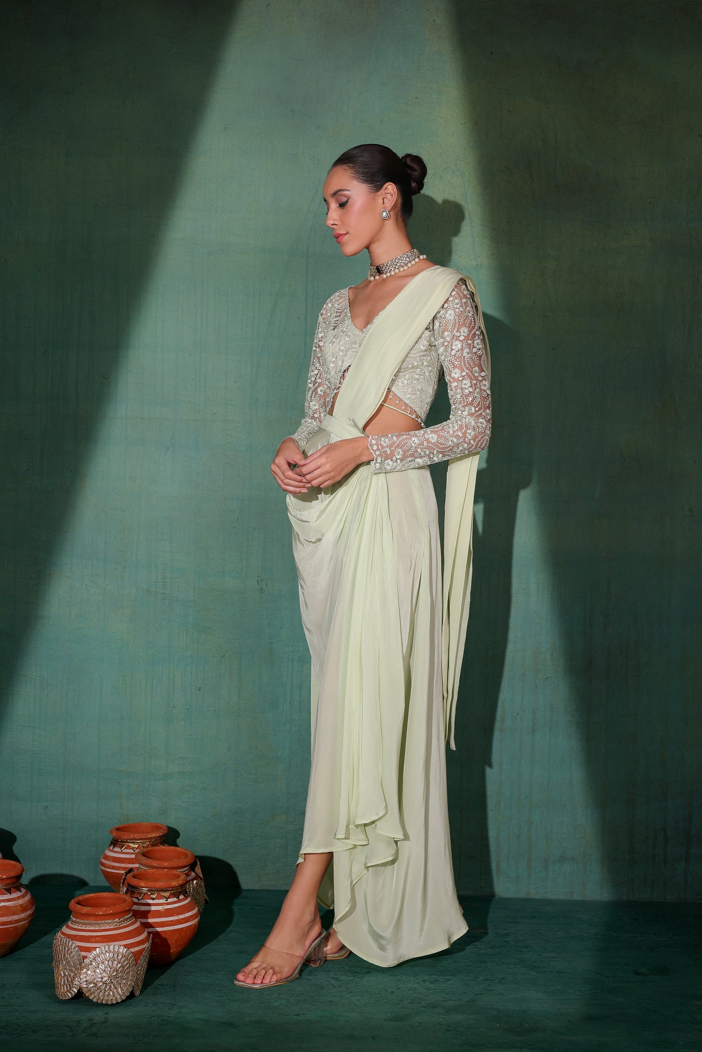 Pastel Green Pre Draped Saree