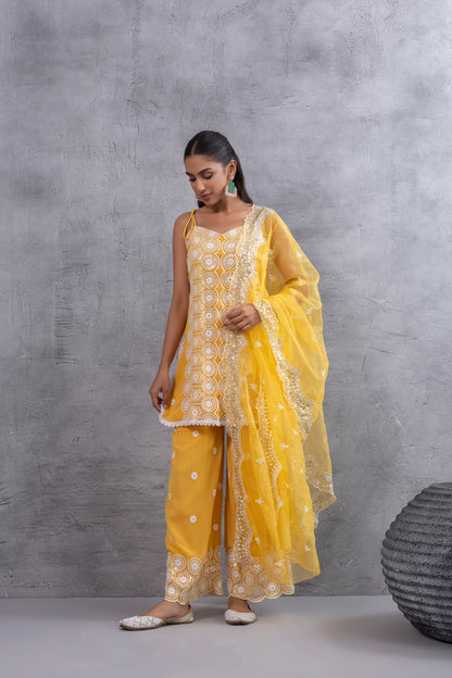 Sunshine Yellow and white Embroidered Sequence Halter Suit Set