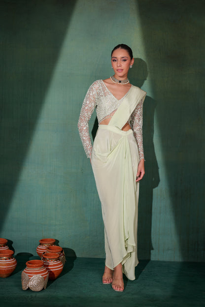Pastel Green Pre Draped Saree