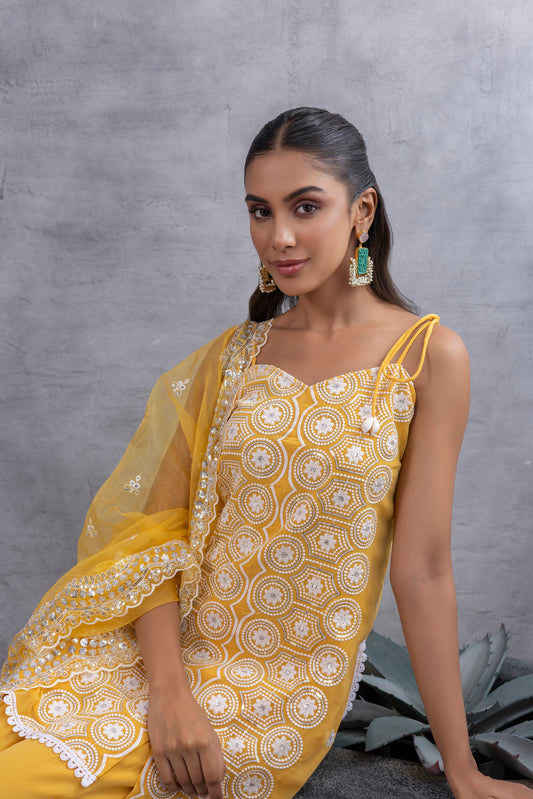 Sunshine Yellow and white Embroidered Sequence Halter Suit Set
