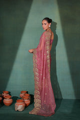 Deep Rose Gold Pre Draped Tissue Silk Dhoti Saree