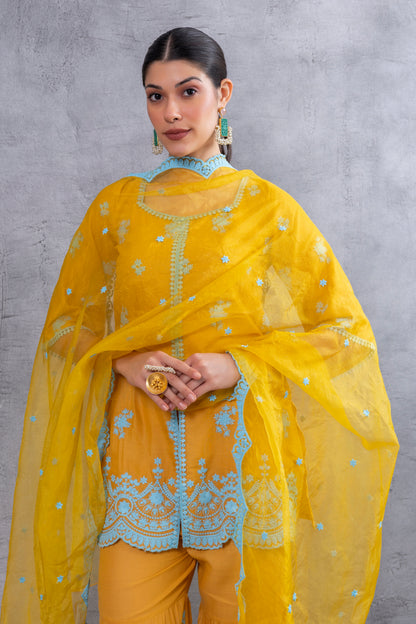 MUSTARD WITH BLUE EMBROIDEREY COTTON SUIT SET