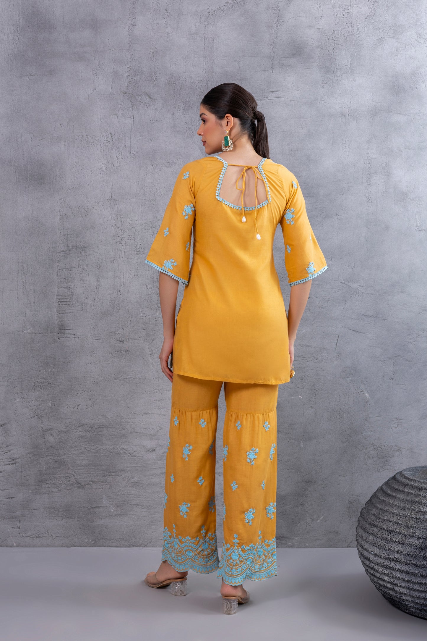 MUSTARD WITH BLUE EMBROIDEREY COTTON SUIT SET