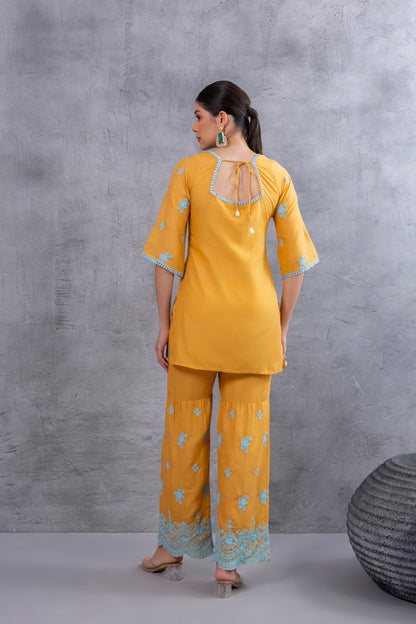 MUSTARD WITH BLUE EMBROIDEREY COTTON SUIT SET