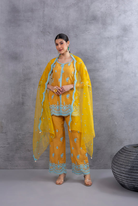 MUSTARD WITH BLUE EMBROIDEREY COTTON SUIT SET