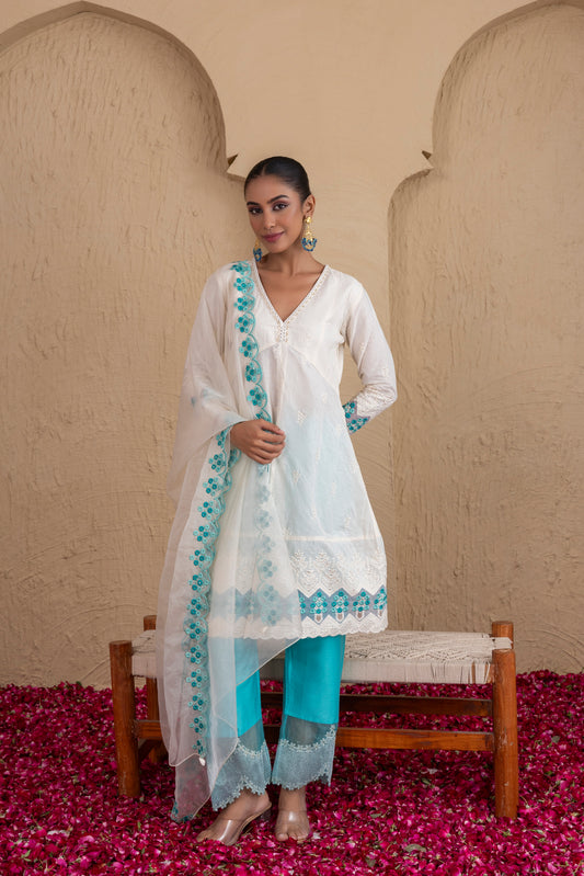 Off-White and Aqua Embroidered Suit Set