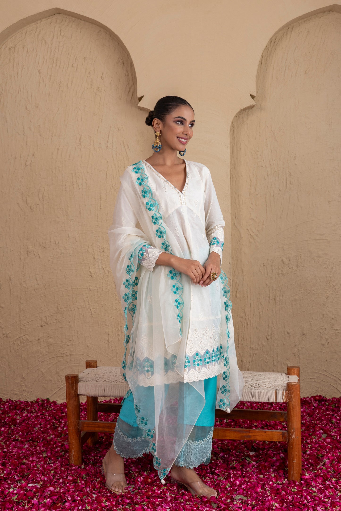 Off-White and Aqua Embroidered Suit Set