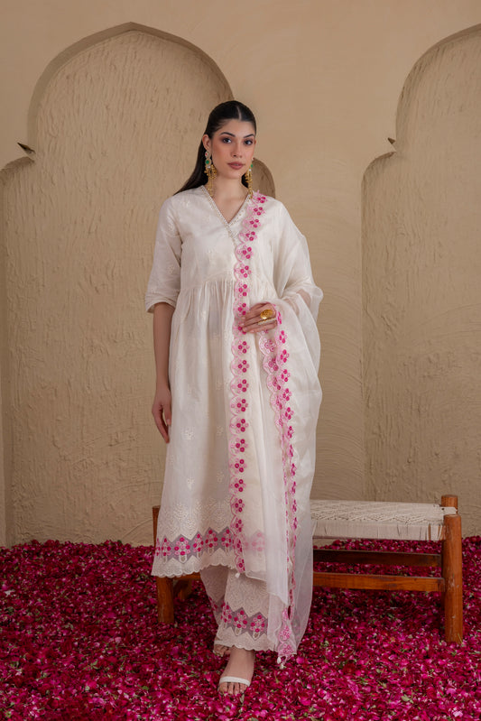 WHITE AND PINK EMBROIDERED ANGRAKHA STYLE SUIT SET
