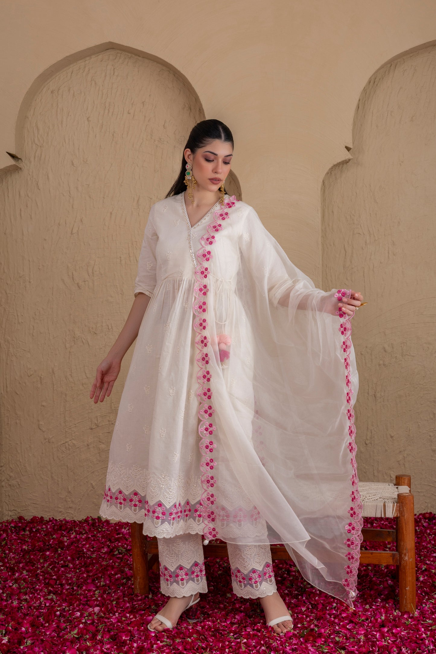 WHITE AND PINK EMBROIDERED ANGRAKHA STYLE SUIT SET