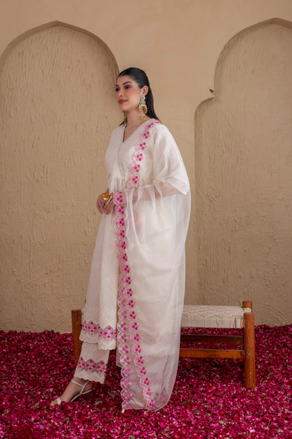 WHITE AND PINK EMBROIDERED ANGRAKHA STYLE SUIT SET