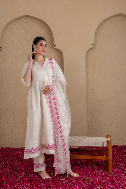WHITE AND PINK EMBROIDERED ANGRAKHA STYLE SUIT SET
