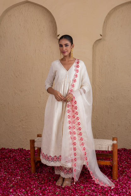 CREAM AND PEACH EMBROIDERED FLARED SUIT SET