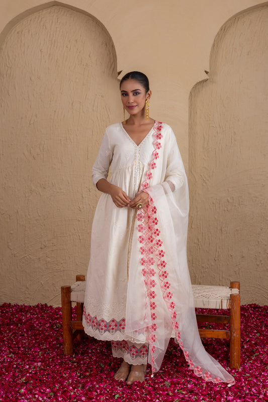 WHITE AND PEACH EMBROIDERED FLARED SUIT SET