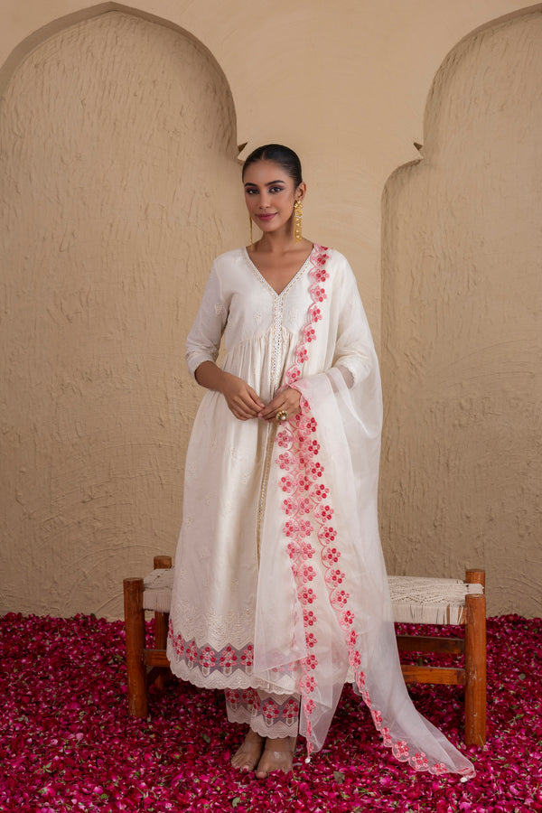 CREAM AND PEACH EMBROIDERED FLARED SUIT SET