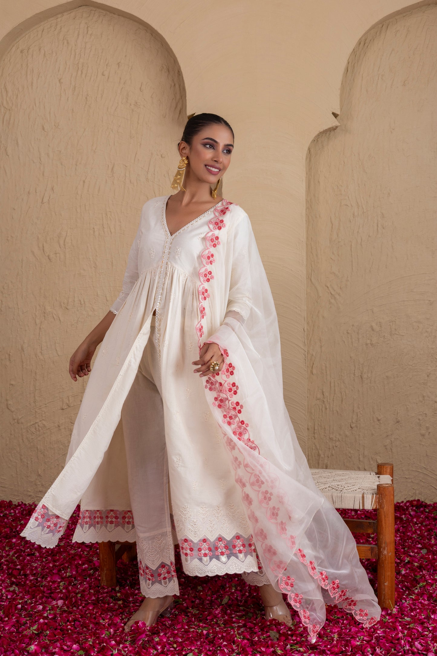 CREAM AND PEACH EMBROIDERED FLARED SUIT SET