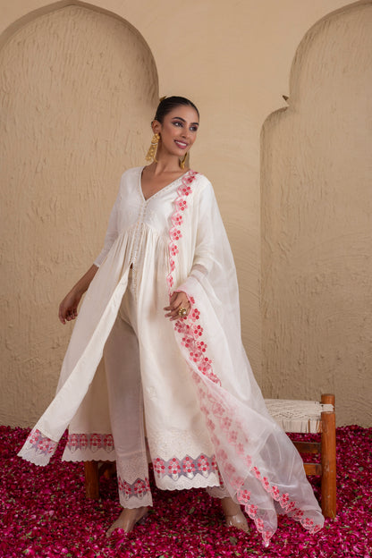 CREAM AND PEACH EMBROIDERED FLARED SUIT SET
