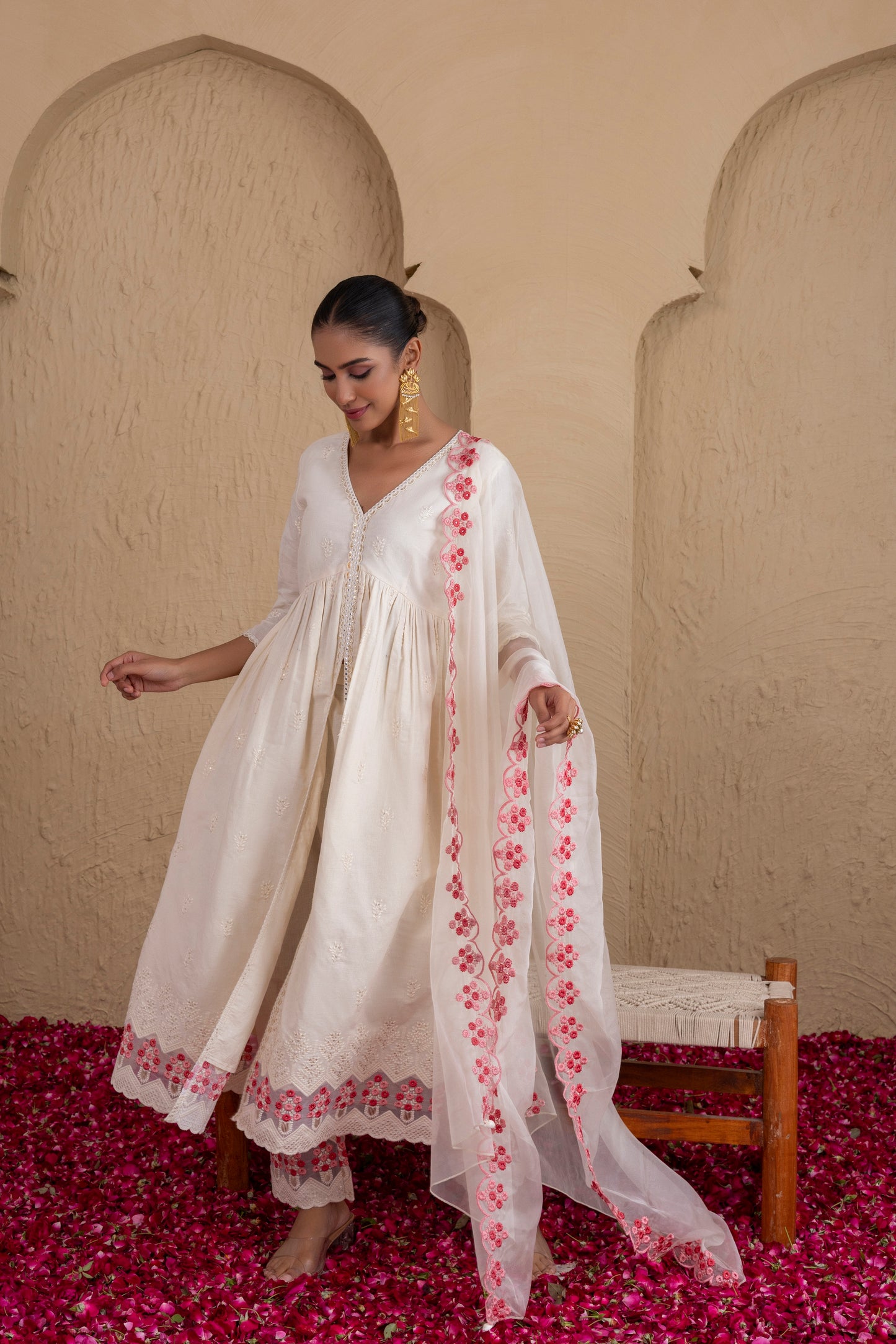 CREAM AND PEACH EMBROIDERED FLARED SUIT SET