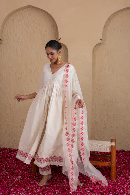 CREAM AND PEACH EMBROIDERED FLARED SUIT SET