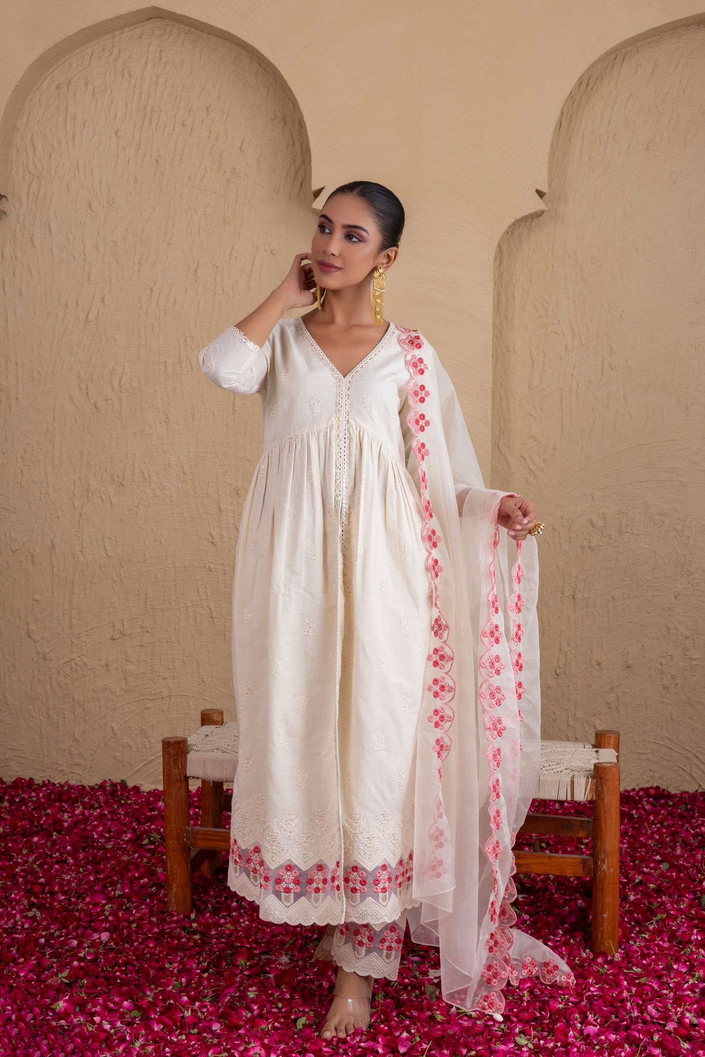CREAM AND PEACH EMBROIDERED FLARED SUIT SET