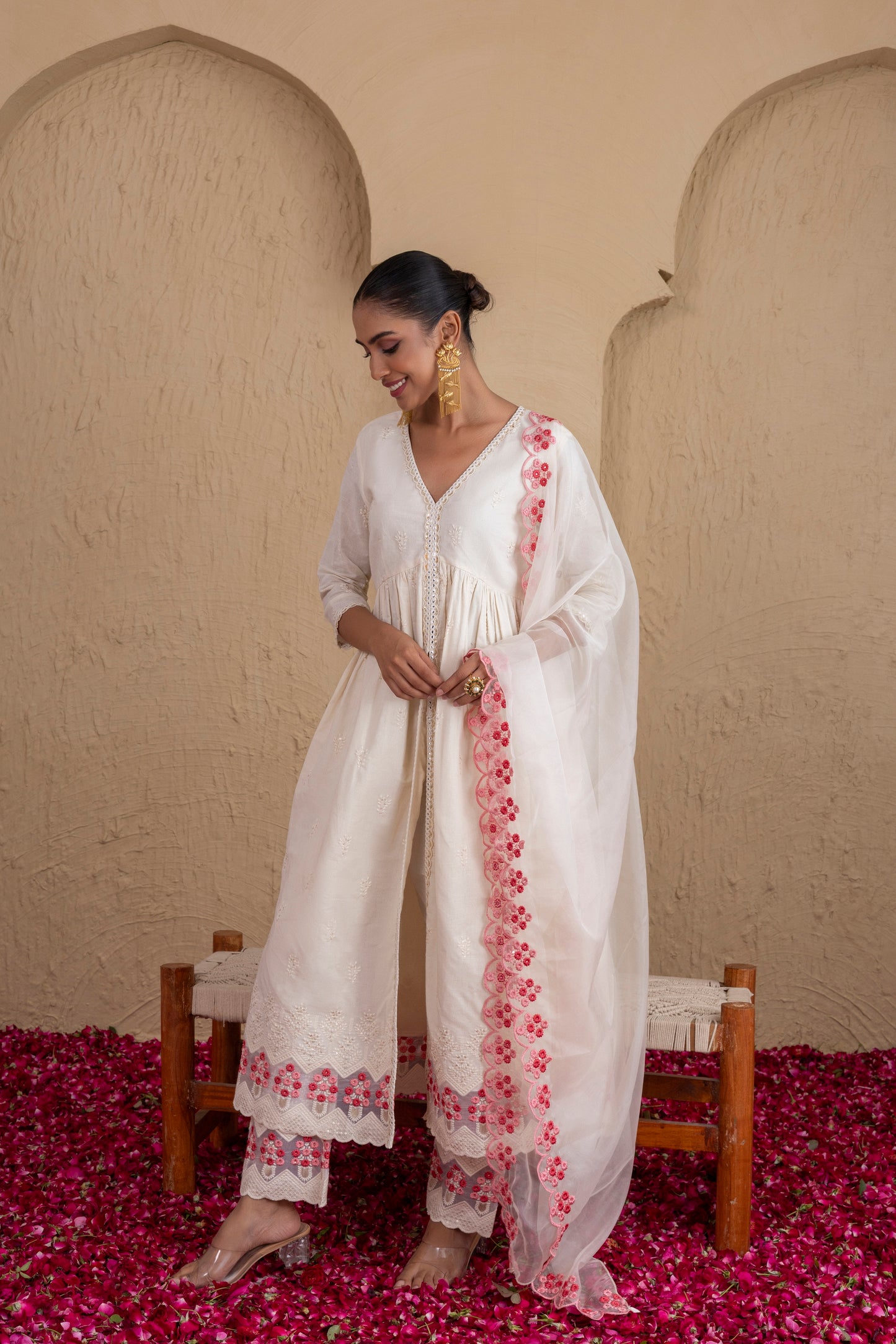 CREAM AND PEACH EMBROIDERED FLARED SUIT SET