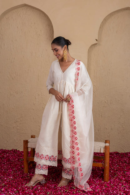 CREAM AND PEACH EMBROIDERED FLARED SUIT SET