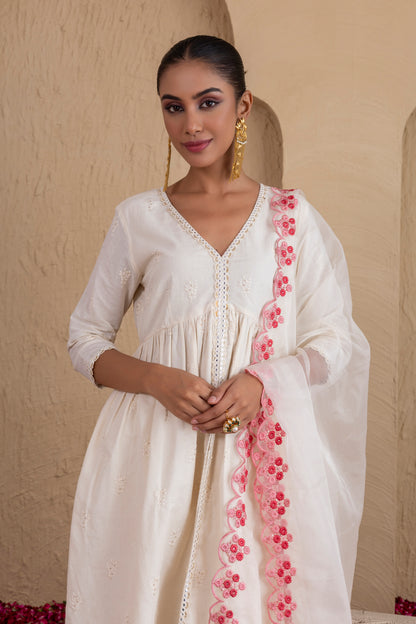 CREAM AND PEACH EMBROIDERED FLARED SUIT SET