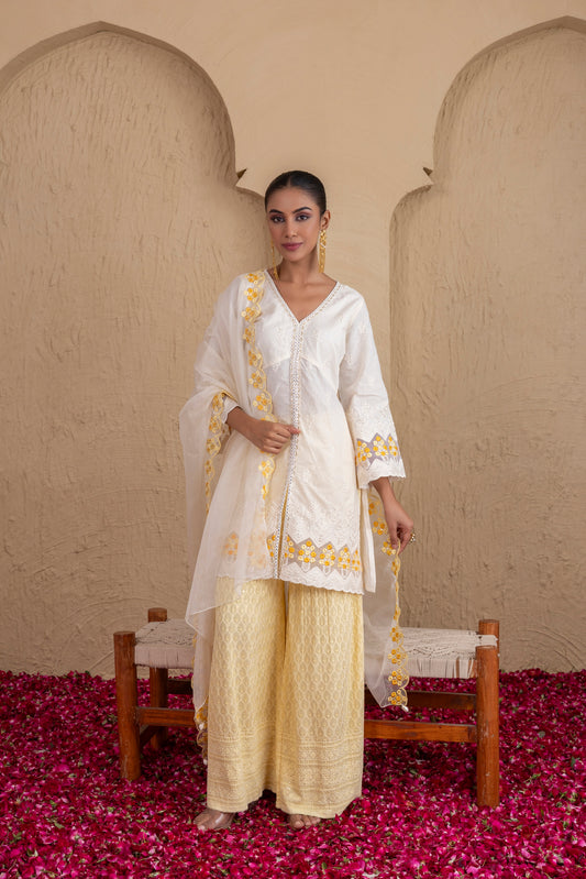 OFF-WHITE YELLOW EMBROIDERED SUIT SET