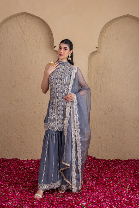 GREY GOLD SEQUENCE HALTER SUIT SET