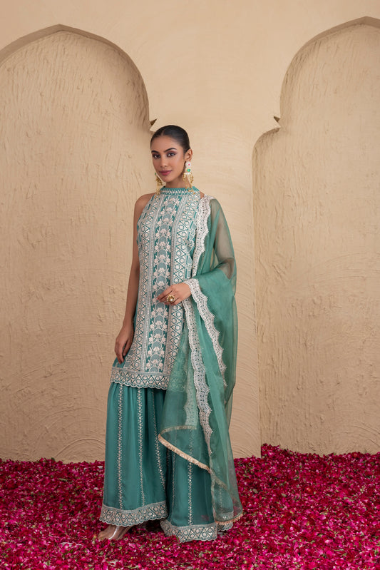 Forest Green Gold Sequence Halter Suit Set