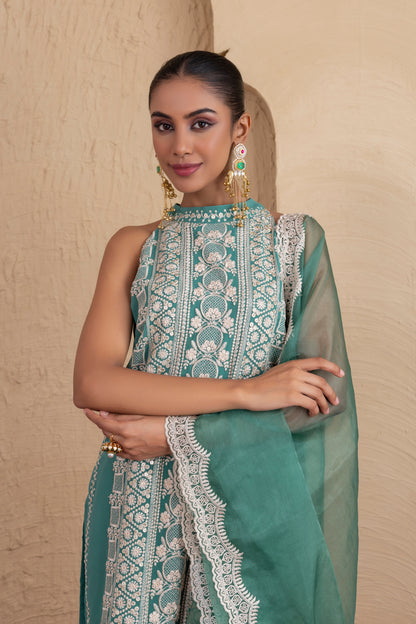Forest Green Gold Sequence Halter Suit Set
