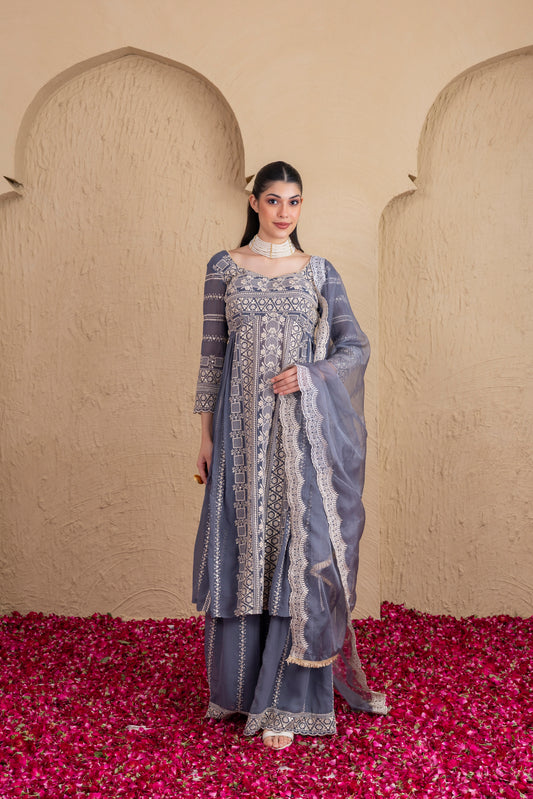 ASH GREY AND CREAM EMBROIDERED FLARED SUIT SET