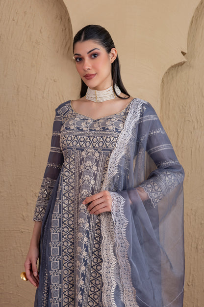 ASH GREY AND CREAM EMBROIDERED FLARED SUIT SET