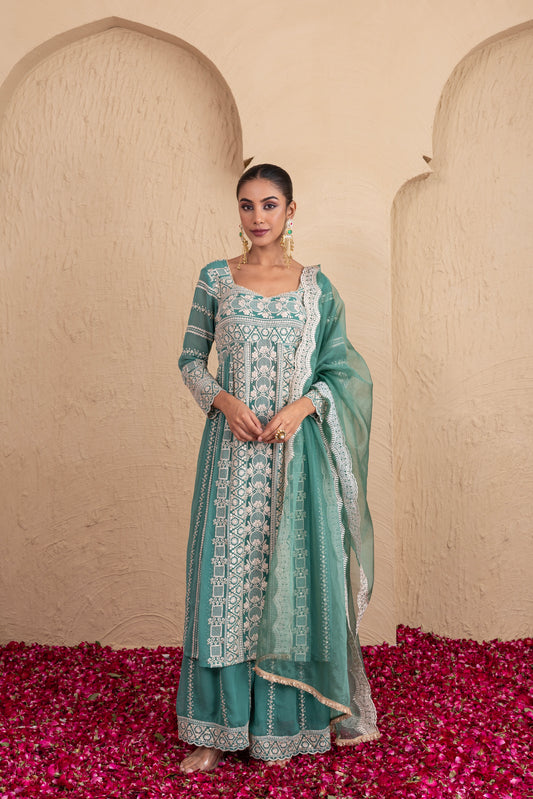 Basil Green Gold Sequence Embroidered Flared Suit Set